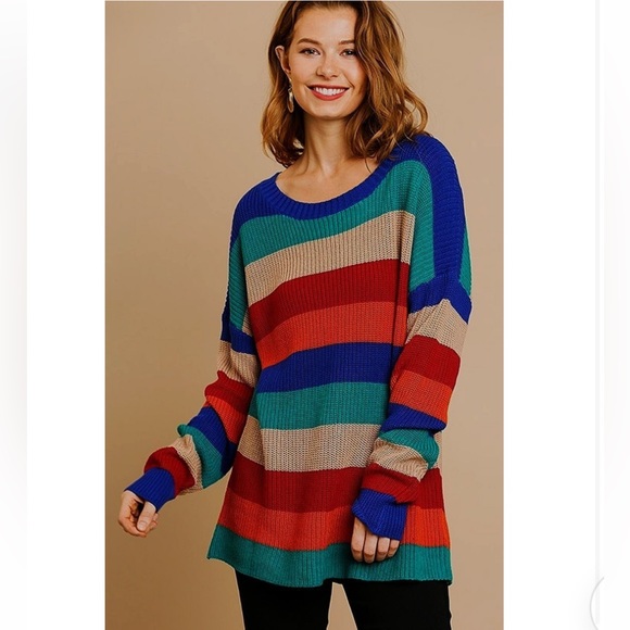 NWT Umgee Striped Oversize lightweight Pullover Sweater Sz L New - Picture 3 of 12